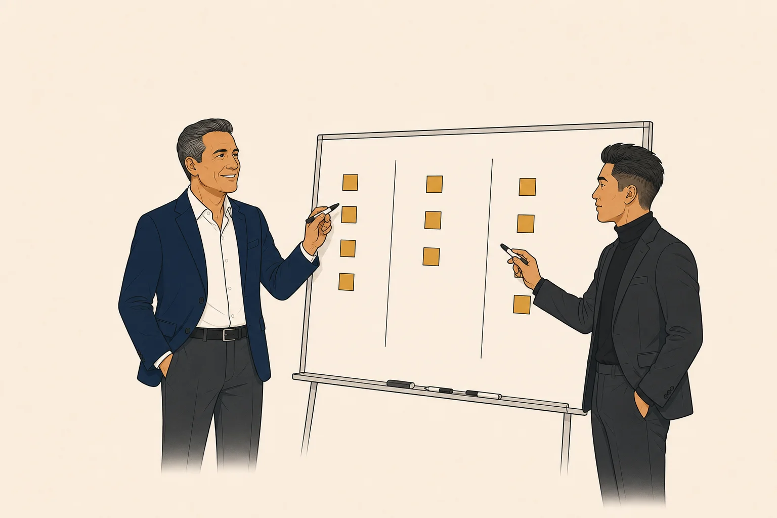 Owner and trainer at a whiteboard divided into three columns — automate / keep / AI-system — working through a function list.