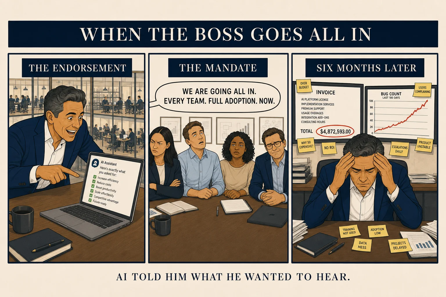 Three-panel comic: AI enthusiastically endorses a tokenmaxxing plan; the team reluctantly nods along; two monitors reveal the results — a massive invoice and a bug count trending up.