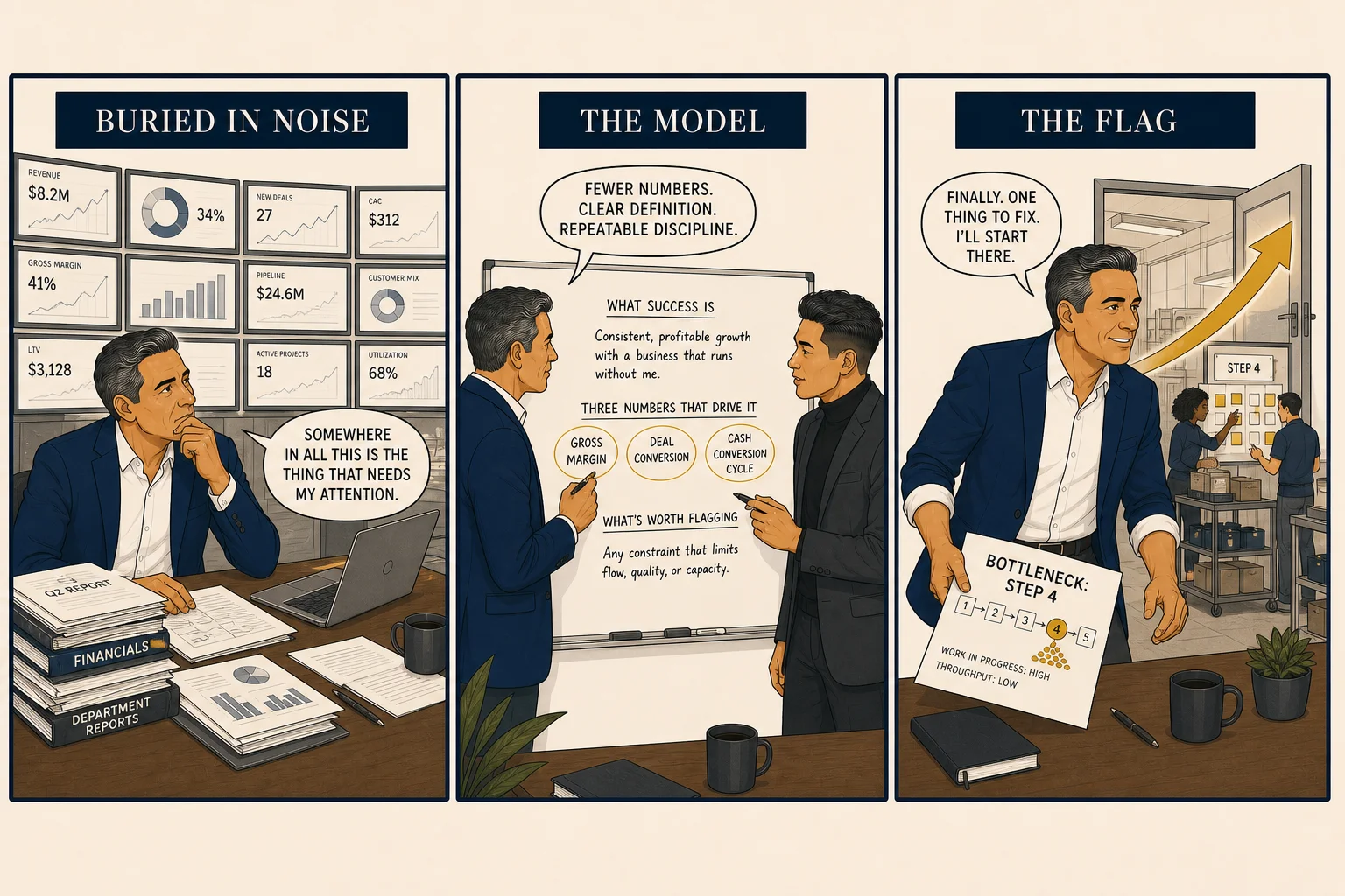 Three-panel comic: owner stuck inside every loop, reacting to noise; leaders at a whiteboard defining what success is and what the system watches for; the system flags one specific bottleneck, the owner steps in, fixes the system, and steps back out.