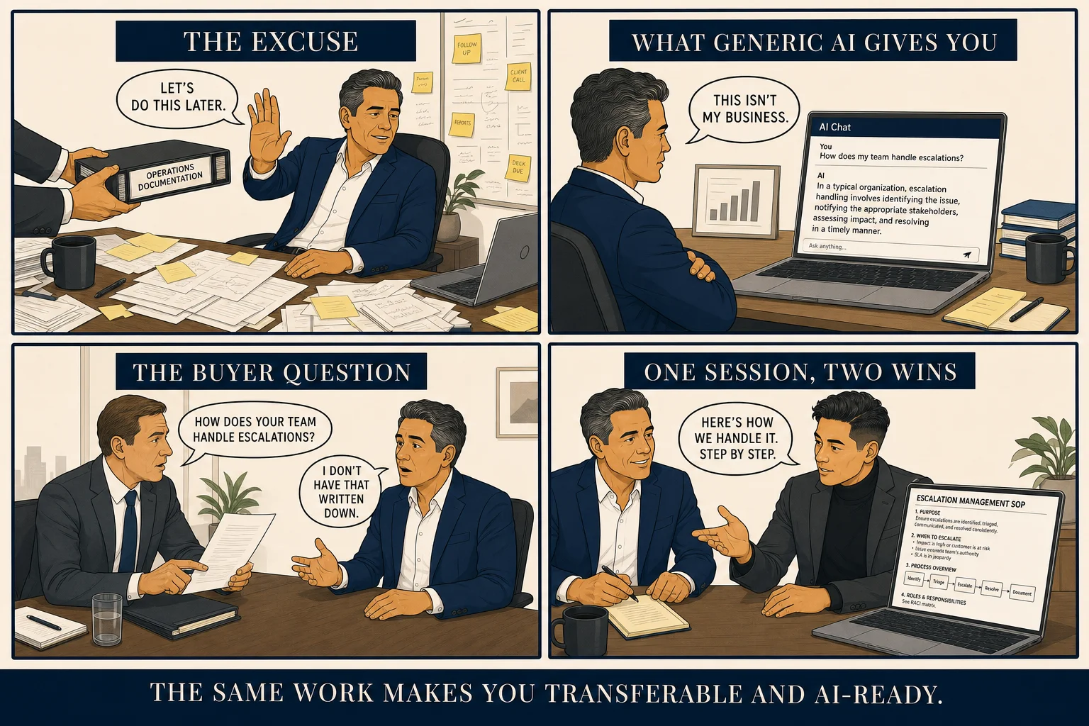 Four-panel comic: owner waves off a documentation binder; AI assistant gives a generic wrong response while owner is frustrated; a skeptical buyer asks how the team handles escalations and the owner has no clear answer; owner and employee in a live interview session with a clean SOP appearing on screen — one session, two wins.