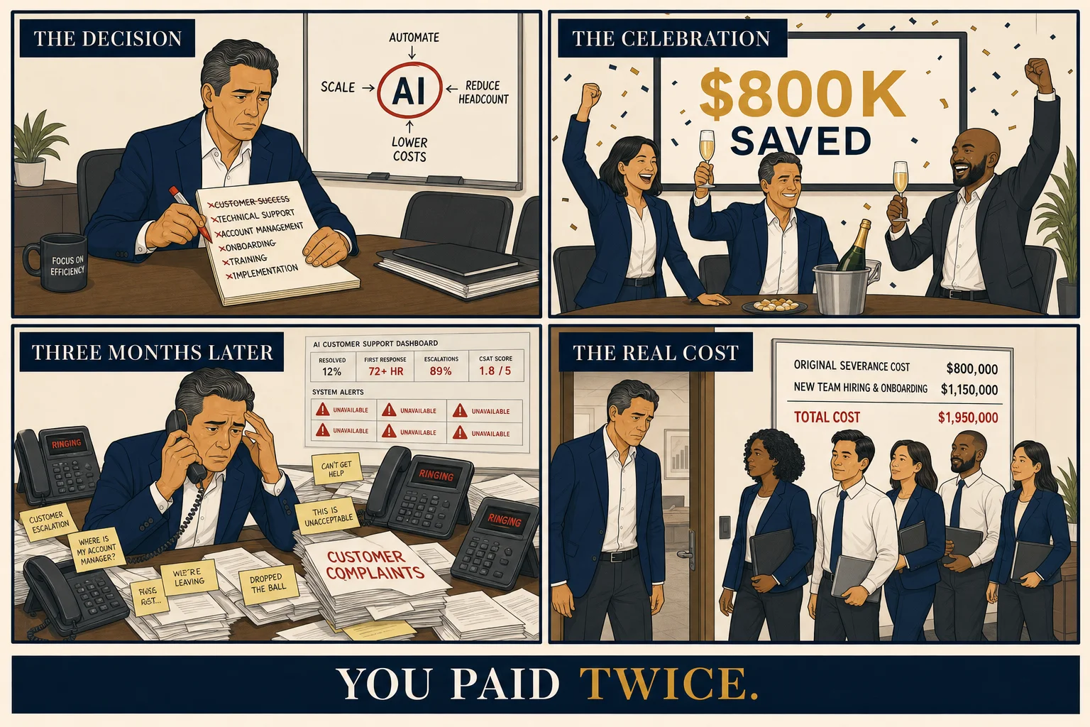 Four-panel comic: owner decides to cut the service team and replace them with AI; early dashboard metrics look green; customer calls and complaints pour in as quality falls; owner rehires the same people — paying twice and burning trust once.