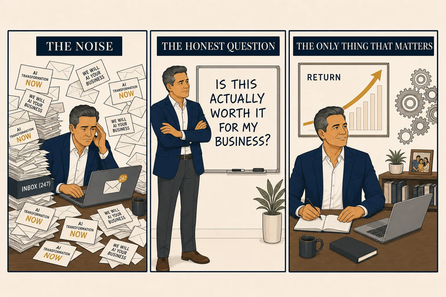 Three-panel comic: a business owner buried in identical AI vendor pitch emails all reading "AI TRANSFORMATION NOW"; the owner at a clear whiteboard asking "IS THIS ACTUALLY WORTH IT FOR MY BUSINESS?"; the owner at his desk with a rising gold RETURN curve on the wall behind him, calm and in control.