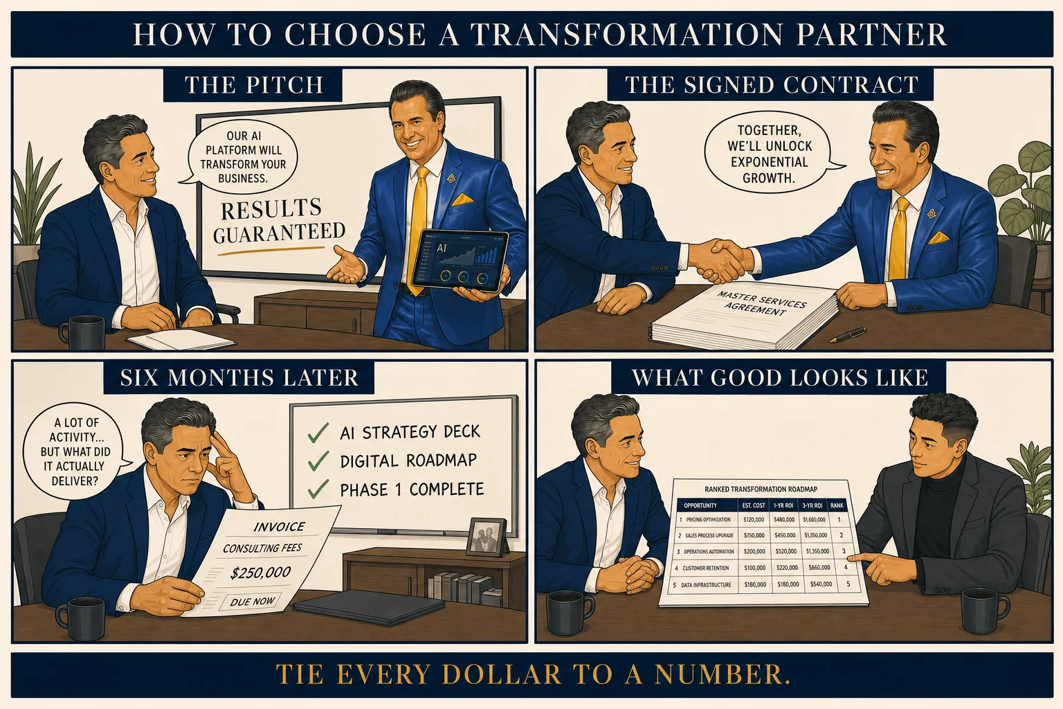 Four-panel comic: a vendor presents a glossy Statement of Work; the owner signs under pressure; months later the invoice is large and the results are vague; the owner sits across from his trusted Blasian advisor who walks him through what a real partner would have done differently.