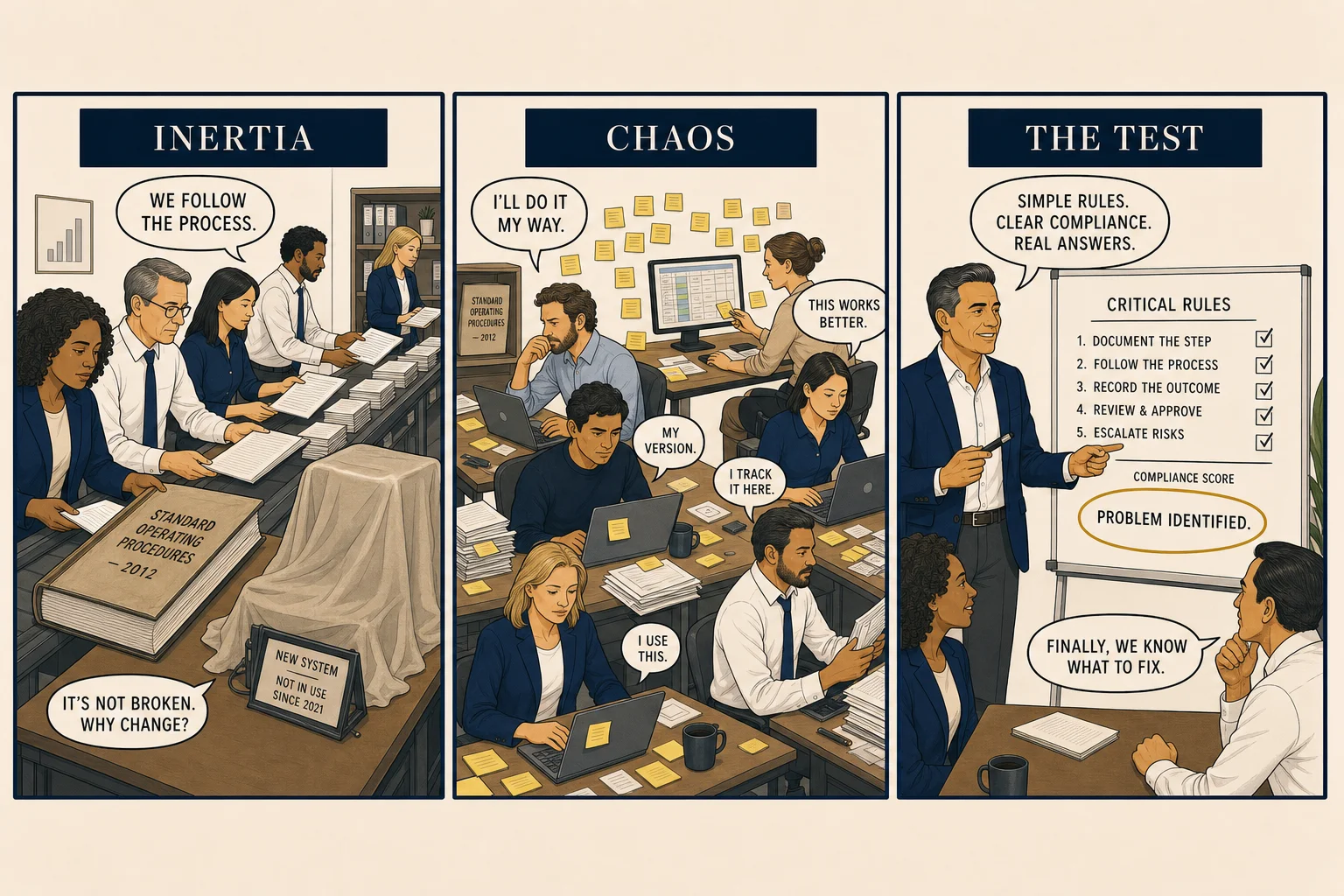 Three-panel comic: a team dutifully following a dusty old rulebook while capable systems sit idle; another team each doing their own workaround in a mess of sticky notes and side spreadsheets; a leader at a whiteboard checking compliance against the critical rules, gold circle on the verdict.