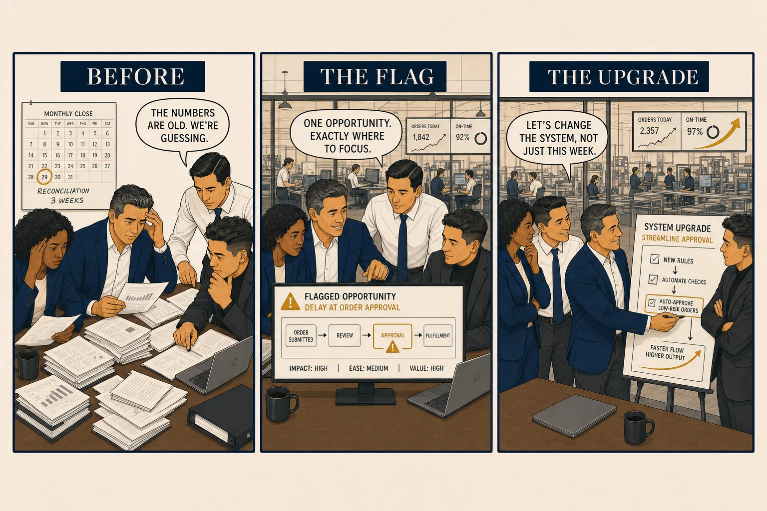 Three-panel comic: leadership team reviewing live operational state on one clean screen instead of waiting for monthly reports; the system flagging one specific opportunity; the team in discussion around it, deciding the upgrade, the operation visibly improved behind them.