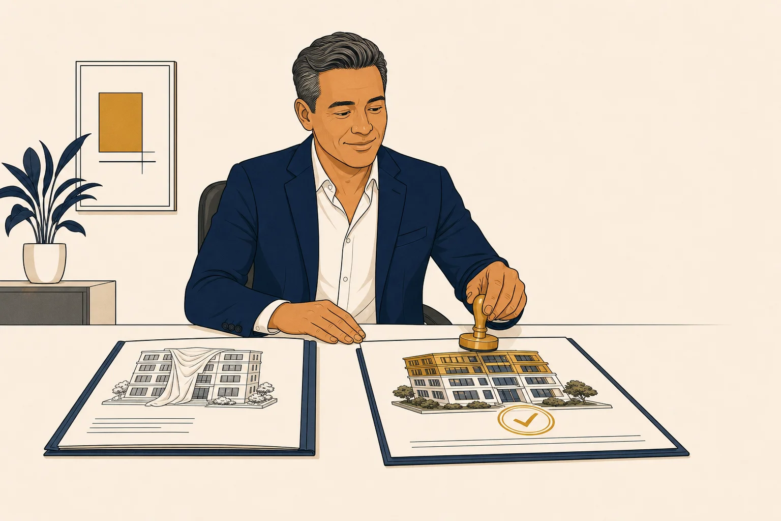 M&A evaluator at a desk with two company folders open, marking the AI-embedded one with a gold approval stamp.
