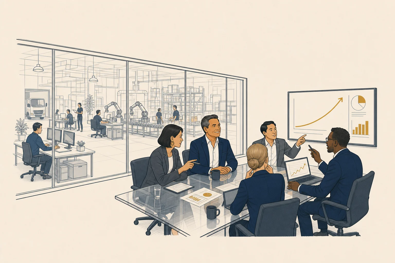 Executive in a glass-walled meeting room surrounded by advisors pointing at a dashboard, the actual work floor visible and ignored through the window behind them.