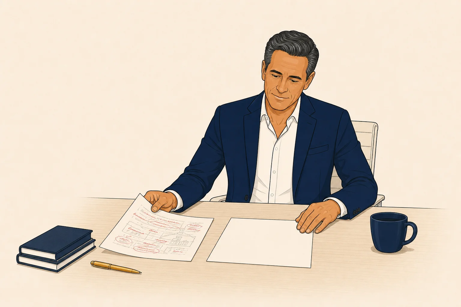 Owner at a desk with two documents: one with red notes labeled Current State, one blank labeled Transformation Plan — studying the first before touching the second.