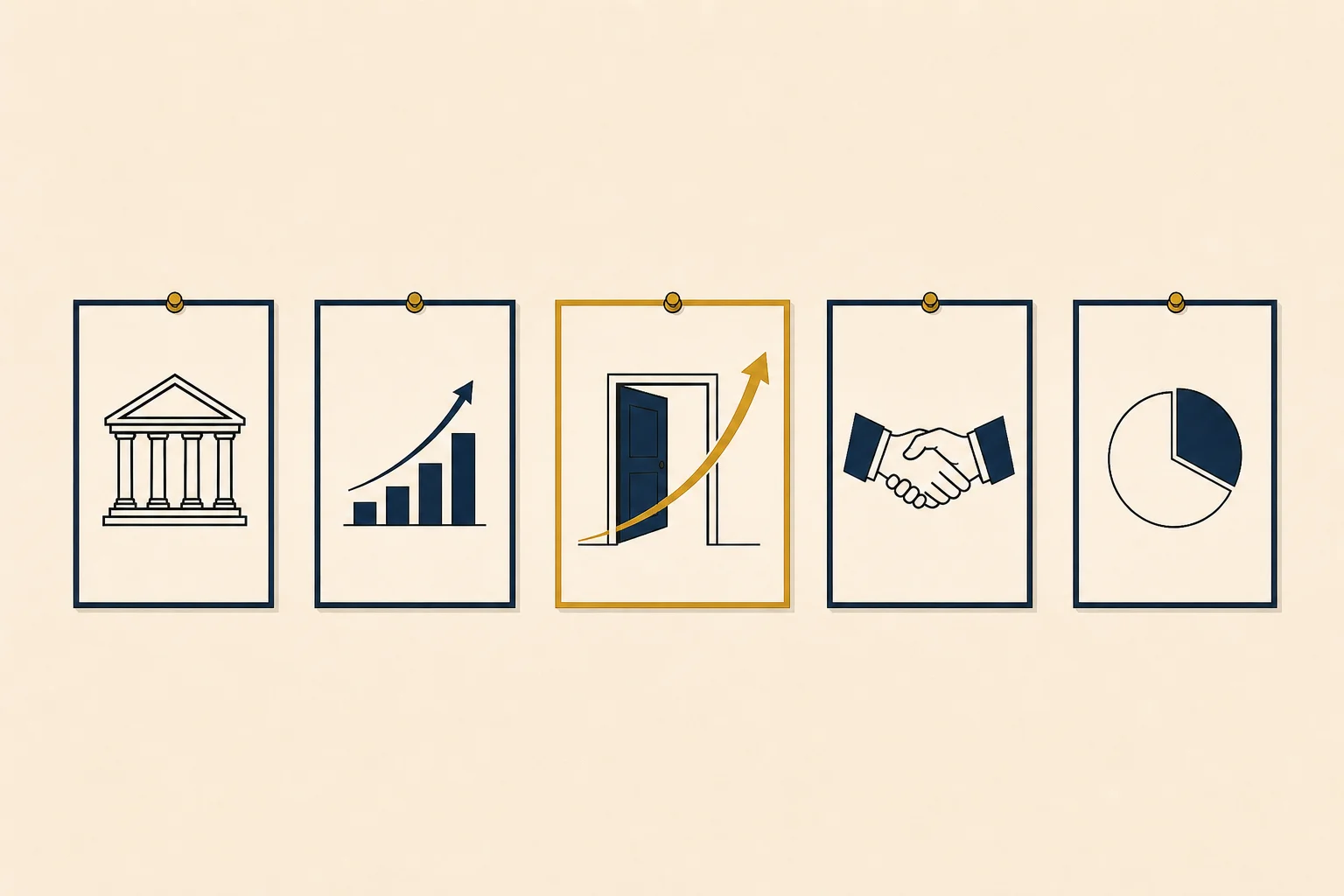 A row of framed definition cards pinned to a cream wall, each with a single clear term, gold accent on the center card.