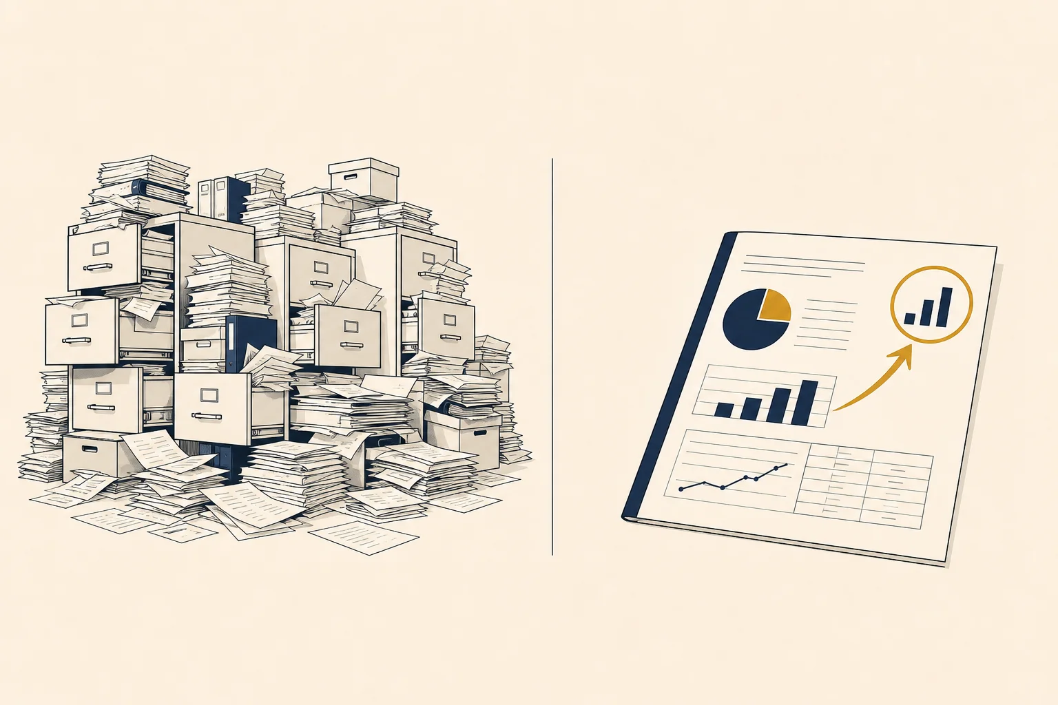 Two panels: left a warehouse of overflowing filing cabinets, right a single clean report with a gold insight arrow pointing to one key number.
