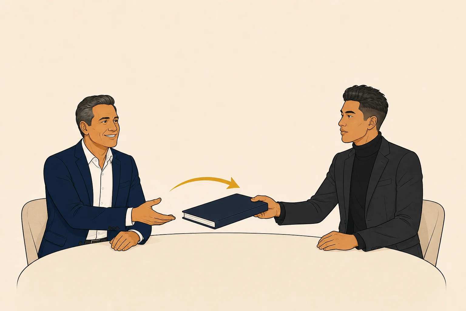 Trainer handing a bound manual to the owner across a table, gold arrow showing it passing cleanly from one to the other.