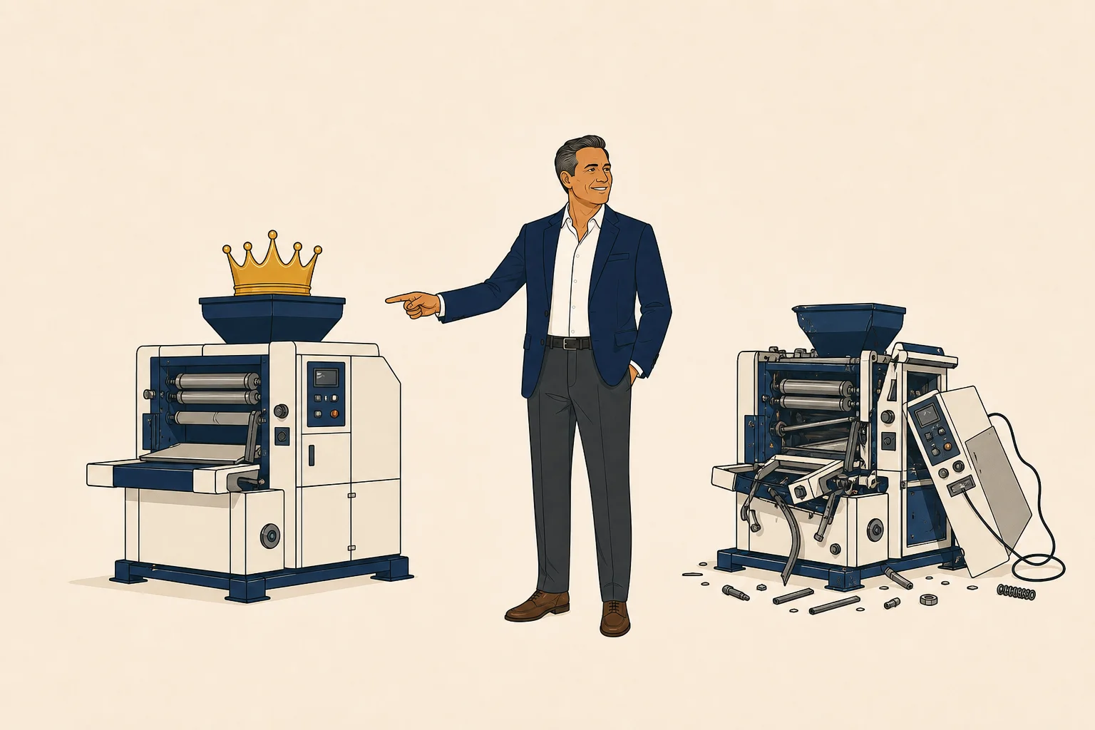 Two machines side by side: one running with a gold crown on top, one in disarray — owner's hand pointing to preserve the first.