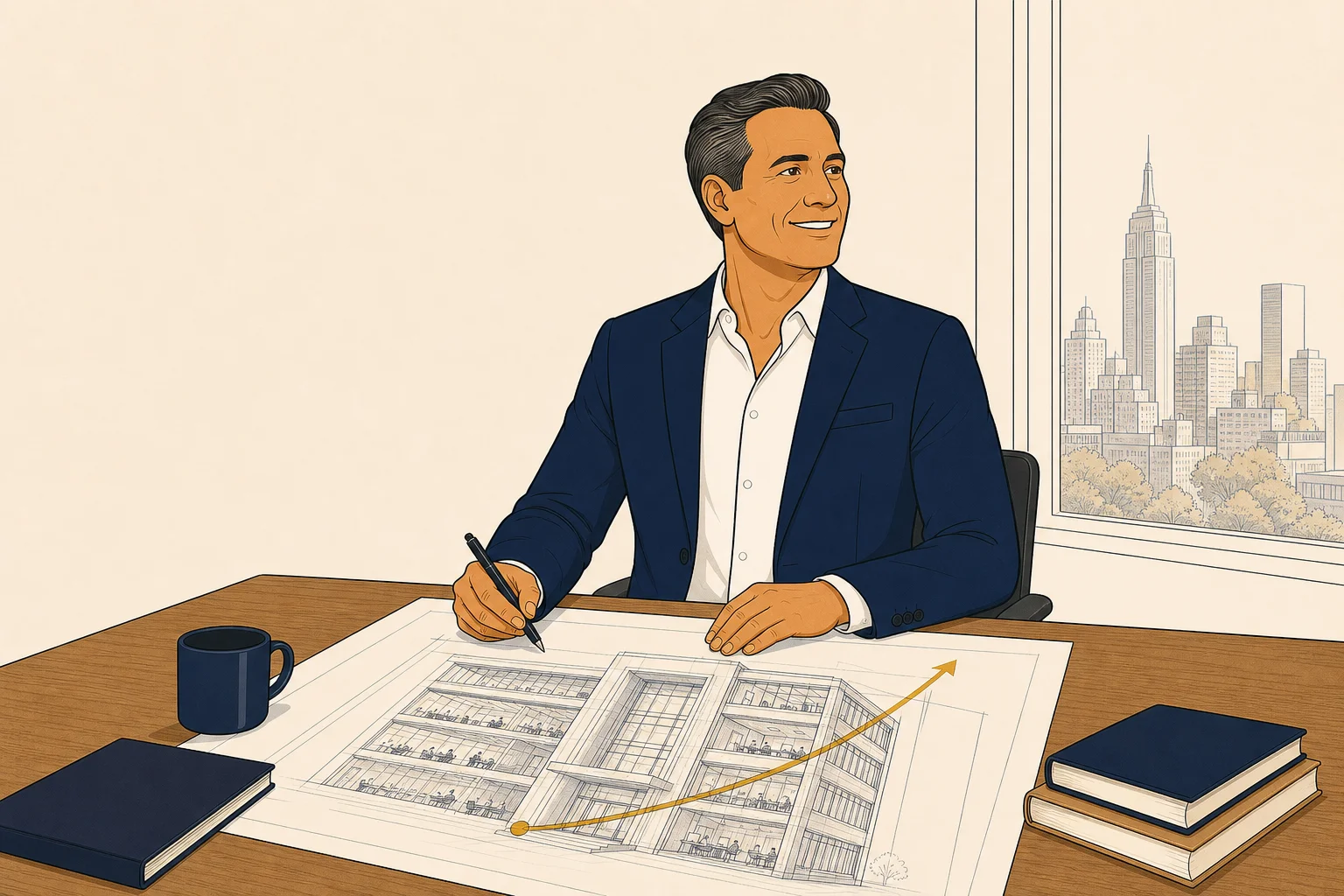 Owner studying a clean blueprint on an oak desk, gold growth curve sketched in the margin, city through the window behind him.