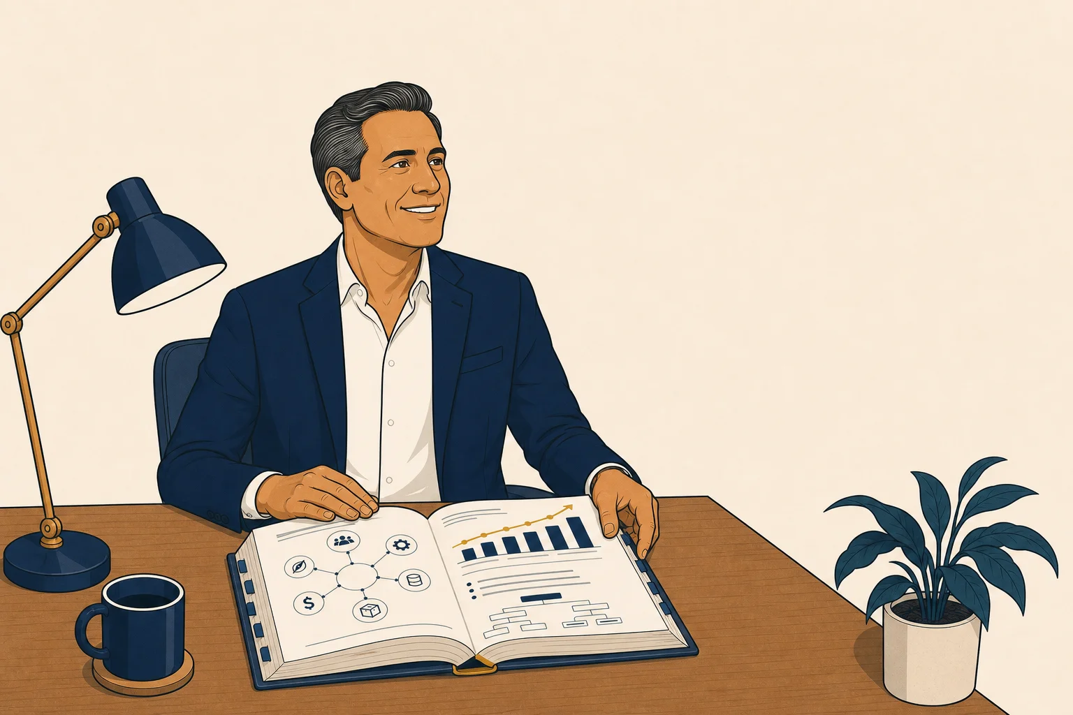 Owner at a reading desk with an open reference book, crisp navy-tabbed sections, gold accent on the spine.