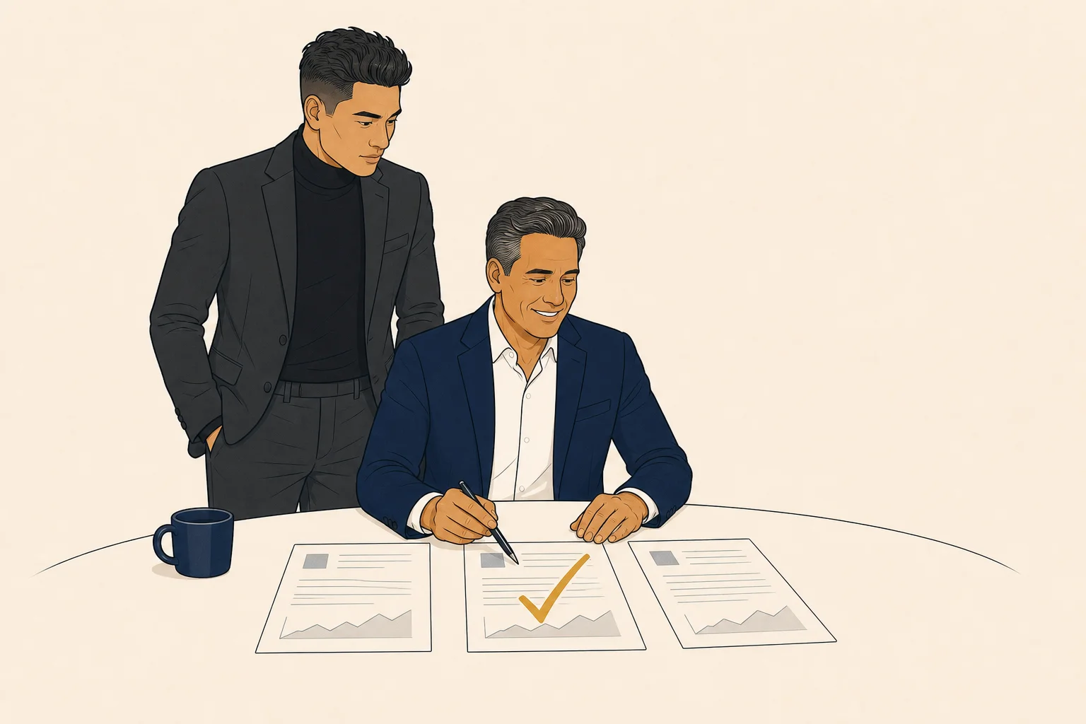 Owner at a conference table reviewing three proposals, trainer at his shoulder, gold checkmark on one.
