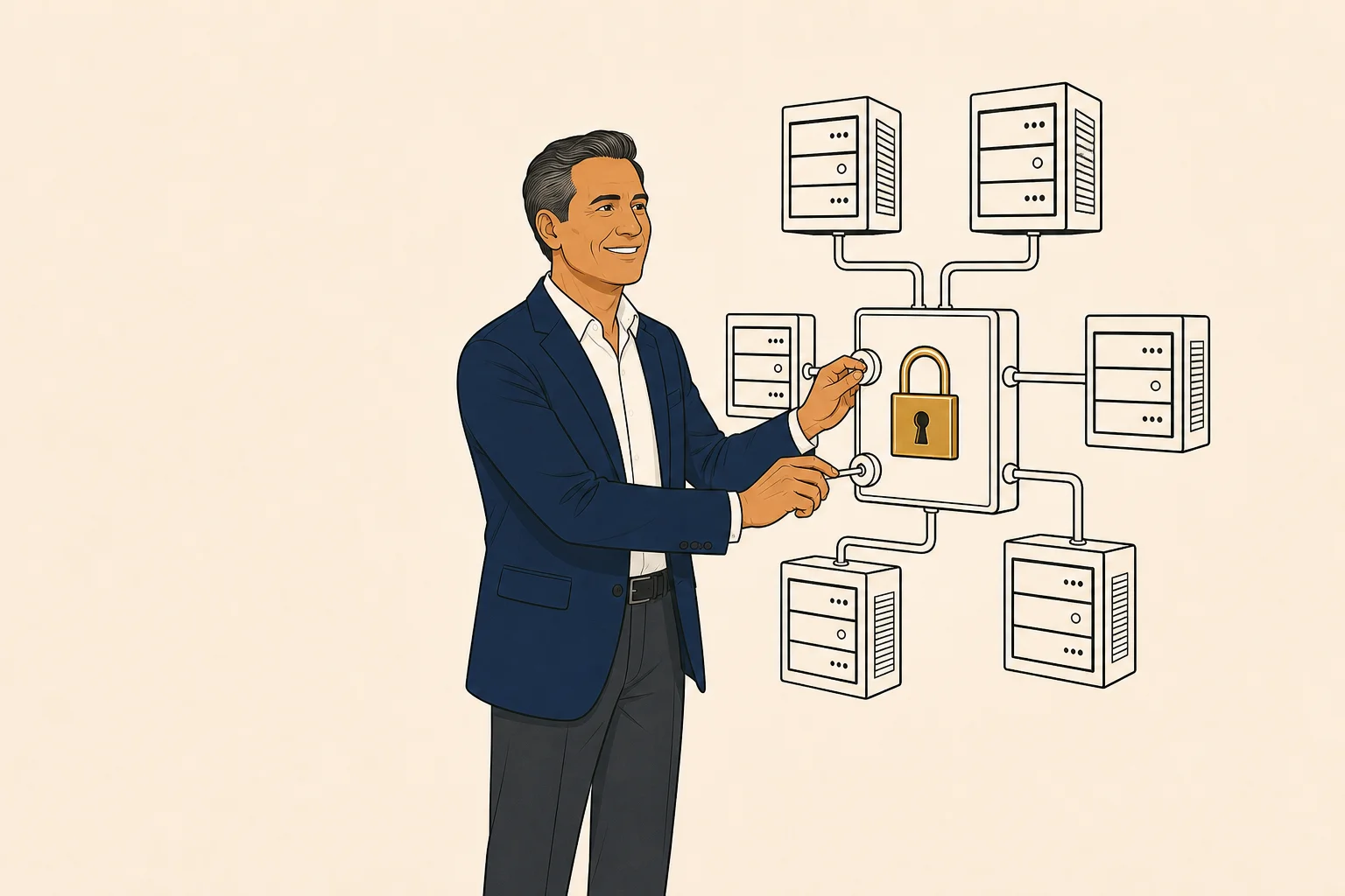 Owner standing before a server-rack diagram with a gold padlock on the central node, hands on the controls.
