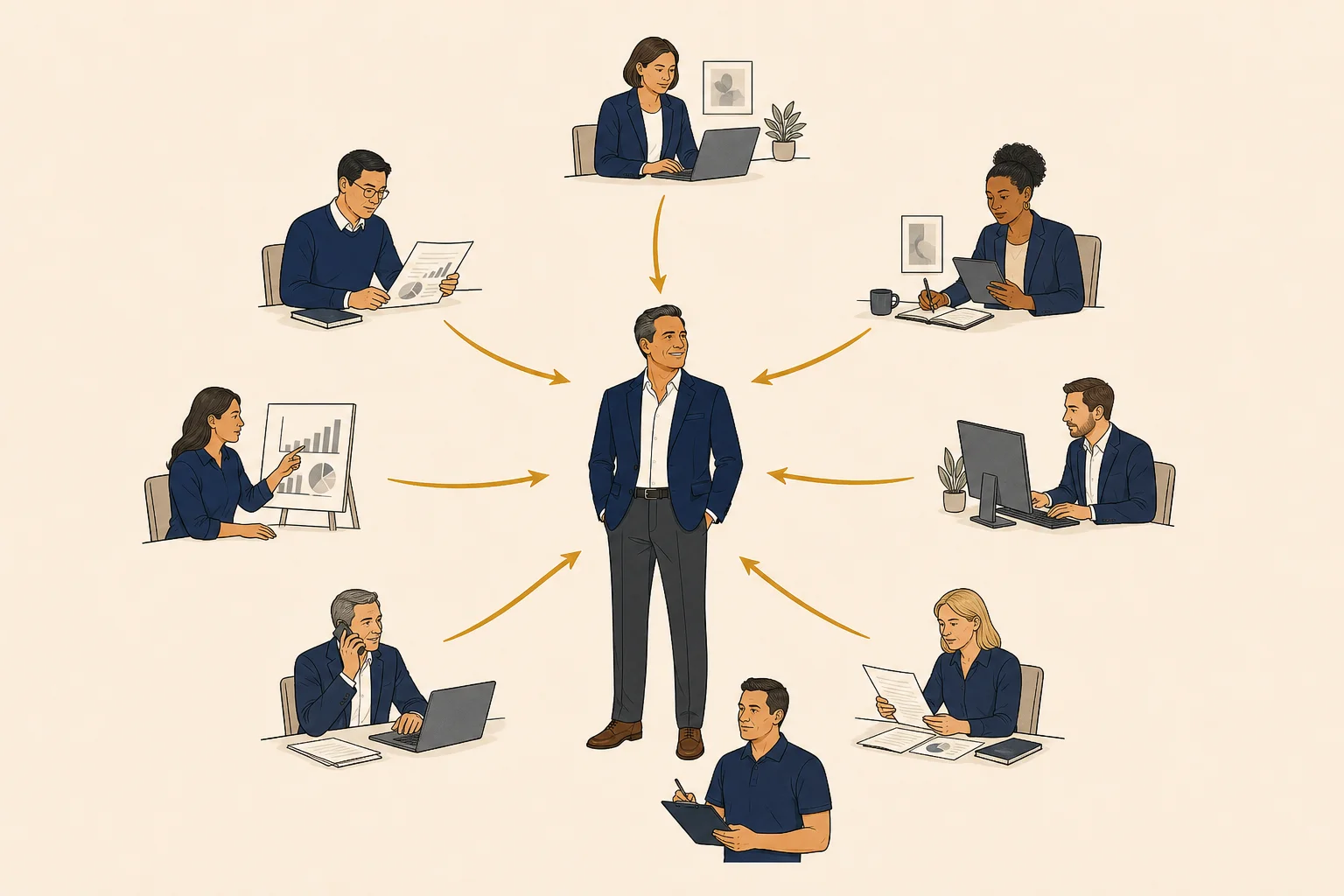 A business floor plan where every department arrow routes back to a single figure at the center — the owner.