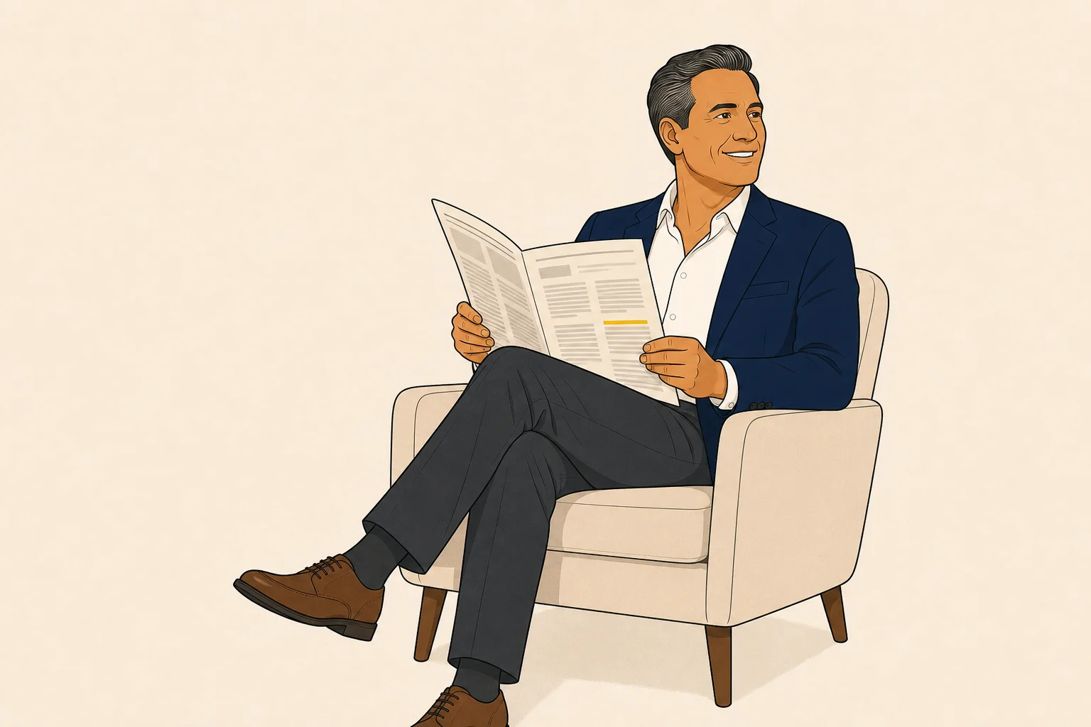 Owner in an armchair reading a clean single-page editorial, gold accent on one underlined sentence.