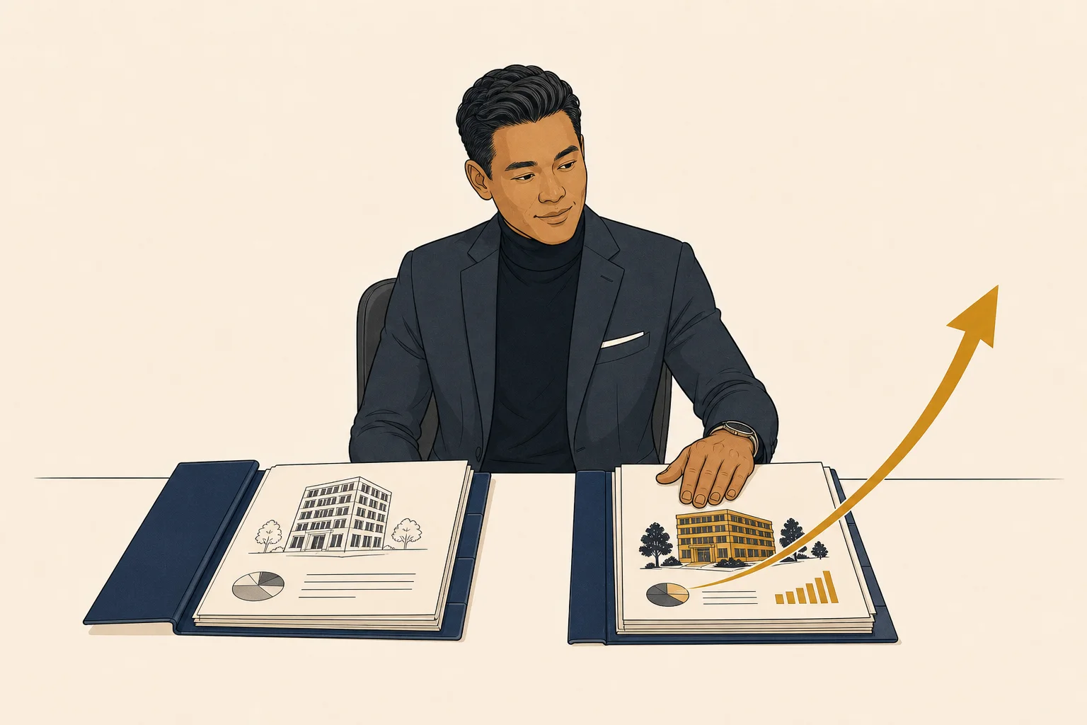 Two company valuations on a chalkboard side by side, the AI-embedded company's number underlined in gold and visibly higher.