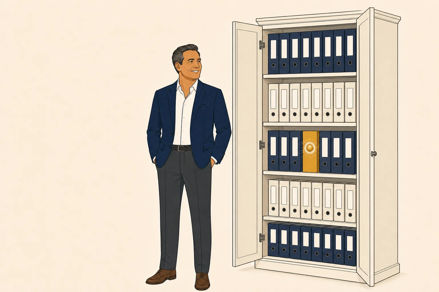 A tall open cabinet with neatly organized department folders, a single gold source-of-truth tag on the central binder.