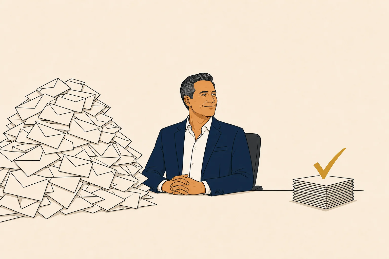 Owner at his desk beneath a wave of identical vendor pitch envelopes piled high, one calm stack off to the side with a gold checkmark.