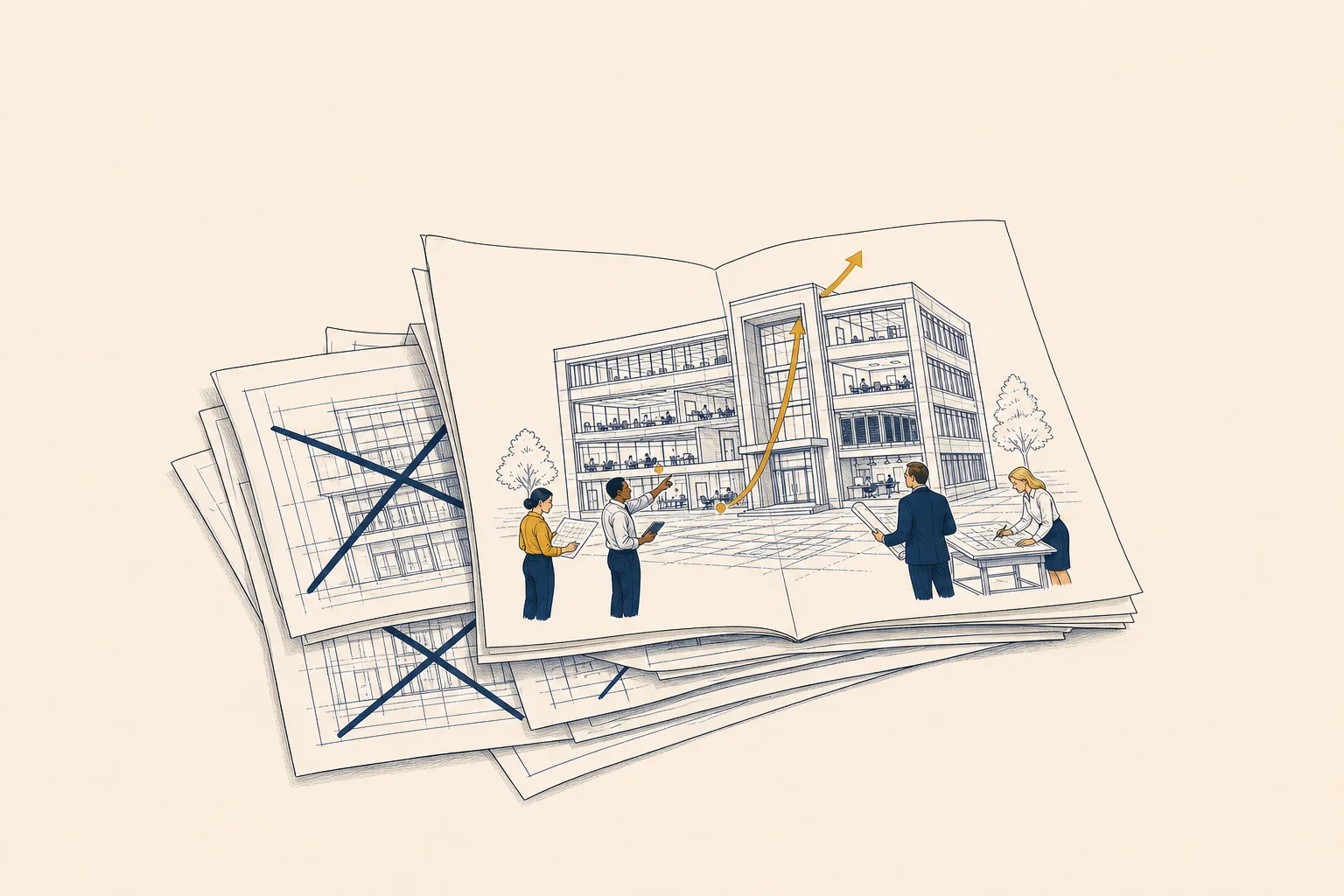 A stack of identical crossed-out generic blueprints with a single custom handwritten plan spread open on top.