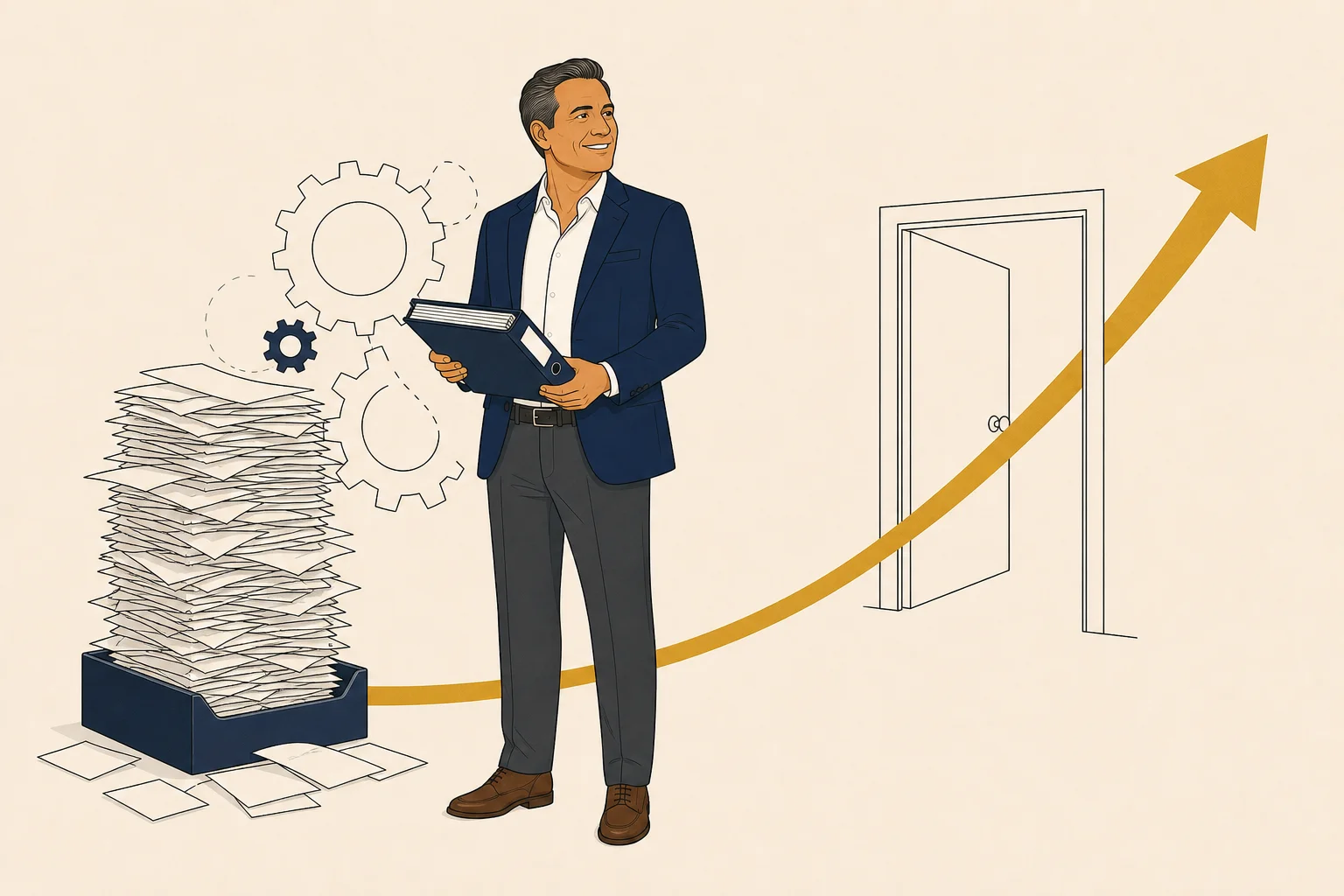Owner replacing a towering in-box of loose papers with a single organized binder, business gears running cleanly in the background.